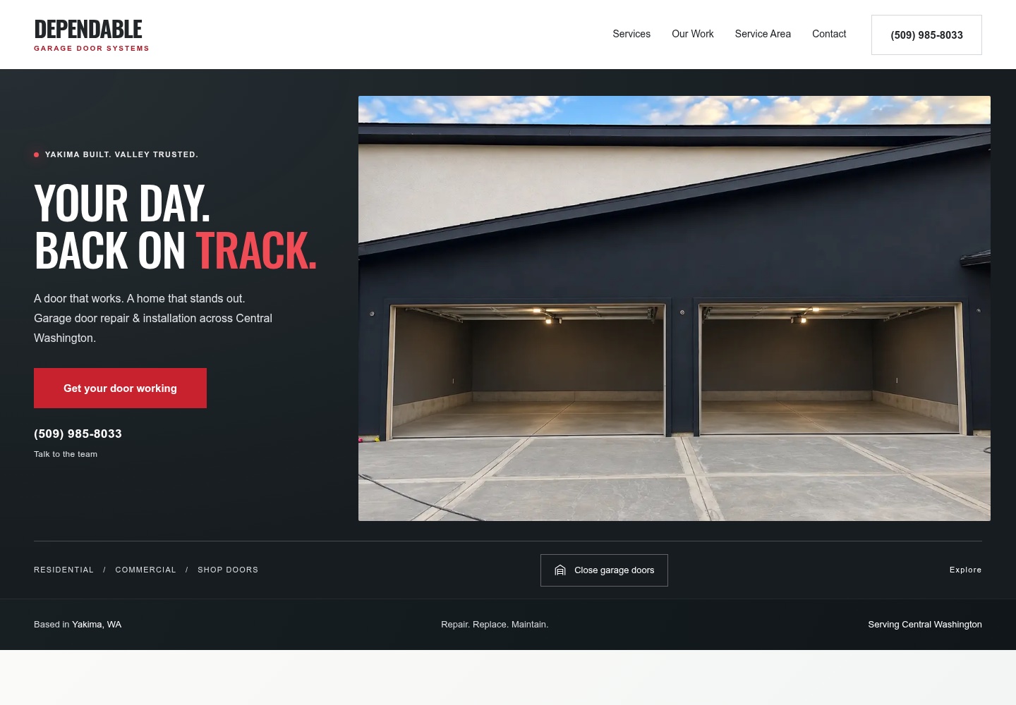 Desktop homepage design for Dependable Garage Door Systems