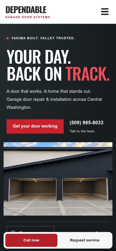Actual mobile website design for Dependable Garage Door Systems