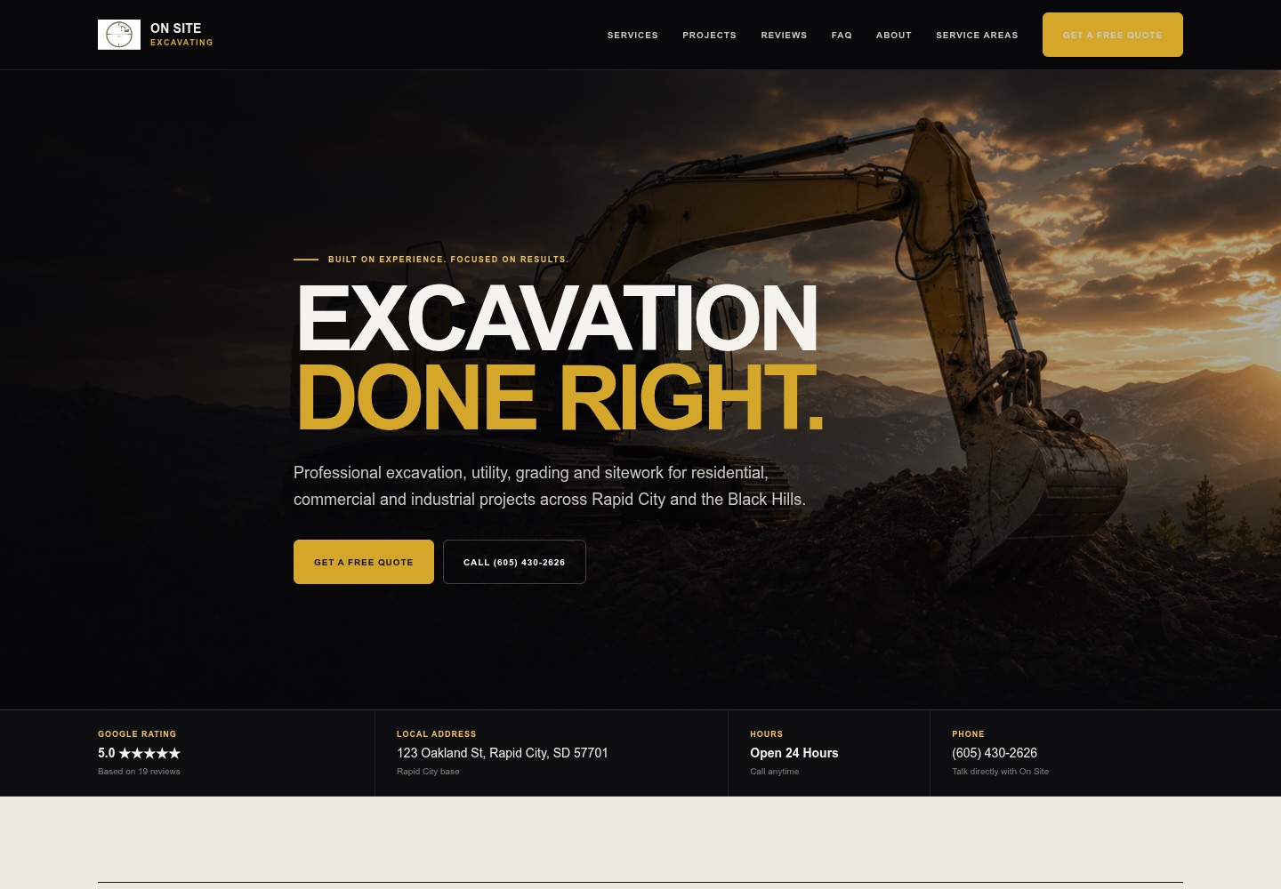 On Site Excavating website homepage